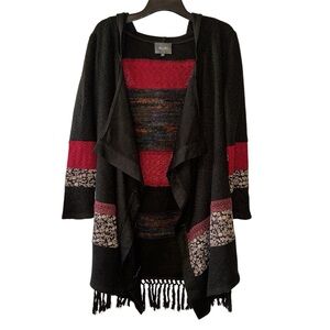 Miss Me Fringe Hooded Open Front Cardigan Duster Boho Festival Sz M